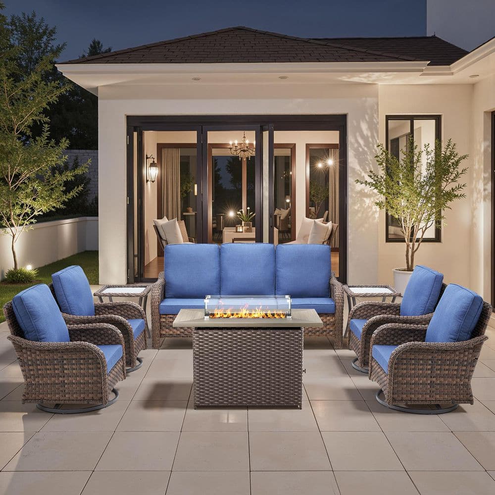 Rainf Brown 8-Piece Outdoor Wicker Patio Fire Pit Conversation Set with Blue Cushions and Swivel Rocking Chairs price history on PriceWatchPro
