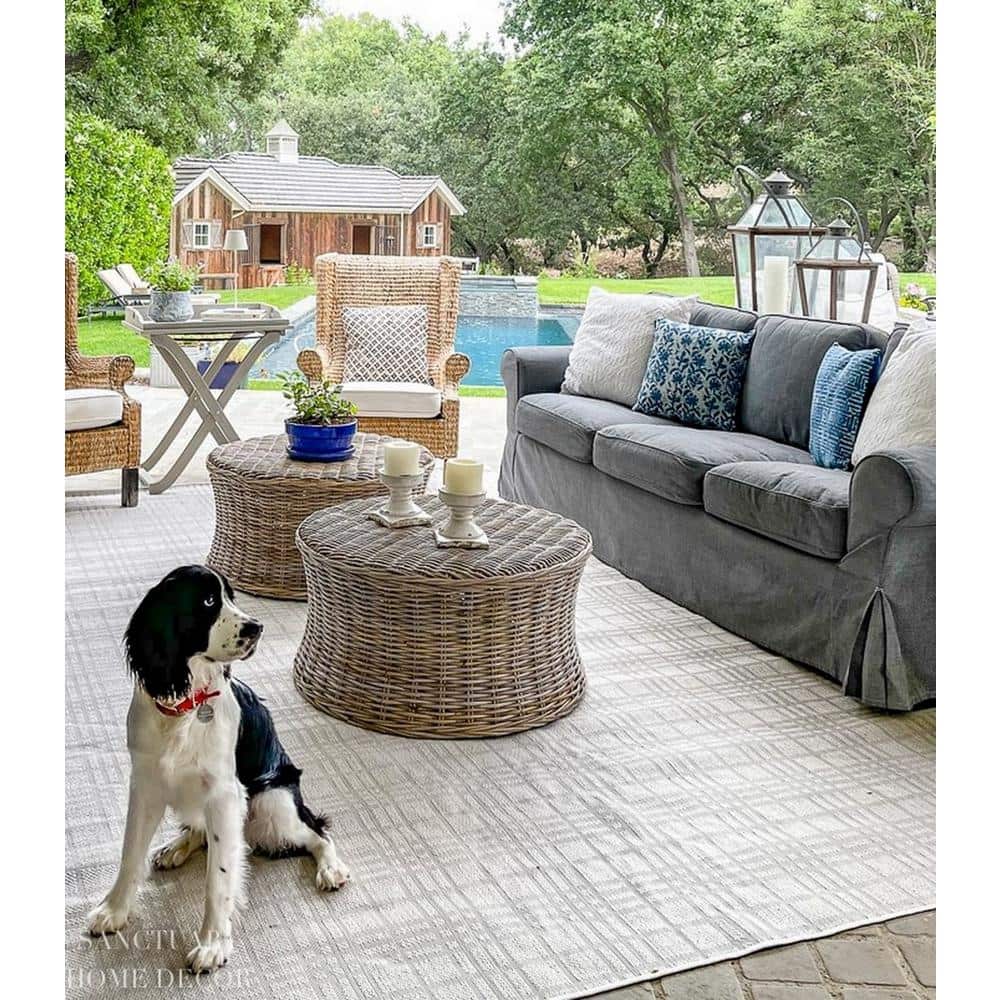 Ivory and Light Grey Square Synthetic Flat Woven Rug