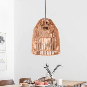 1-Light Boho Pendant Light Plug-in Rustic Hand-Woven Hemp Rope Cage Hanging Lamp with On/Off Switch