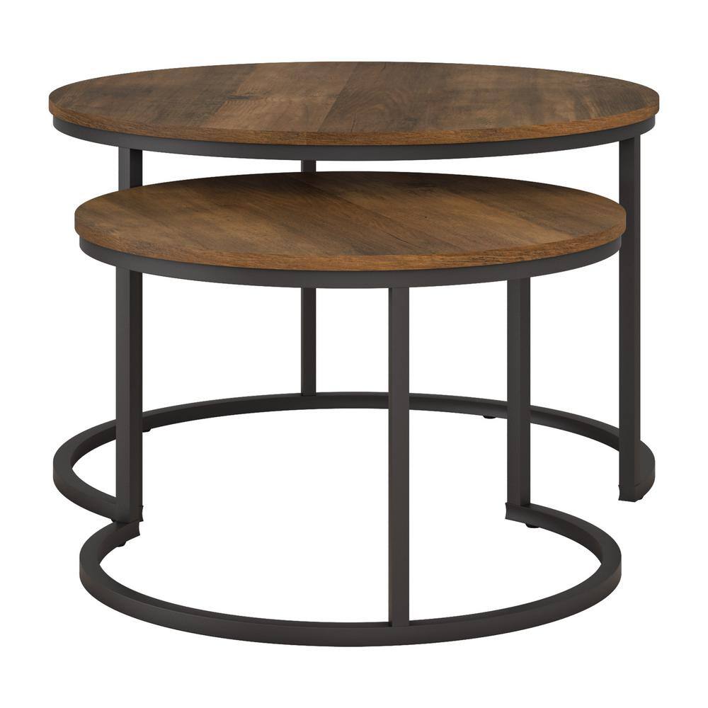 Contemporary Round Wood & Metal Nesting Coffee Tables - Black/Brown