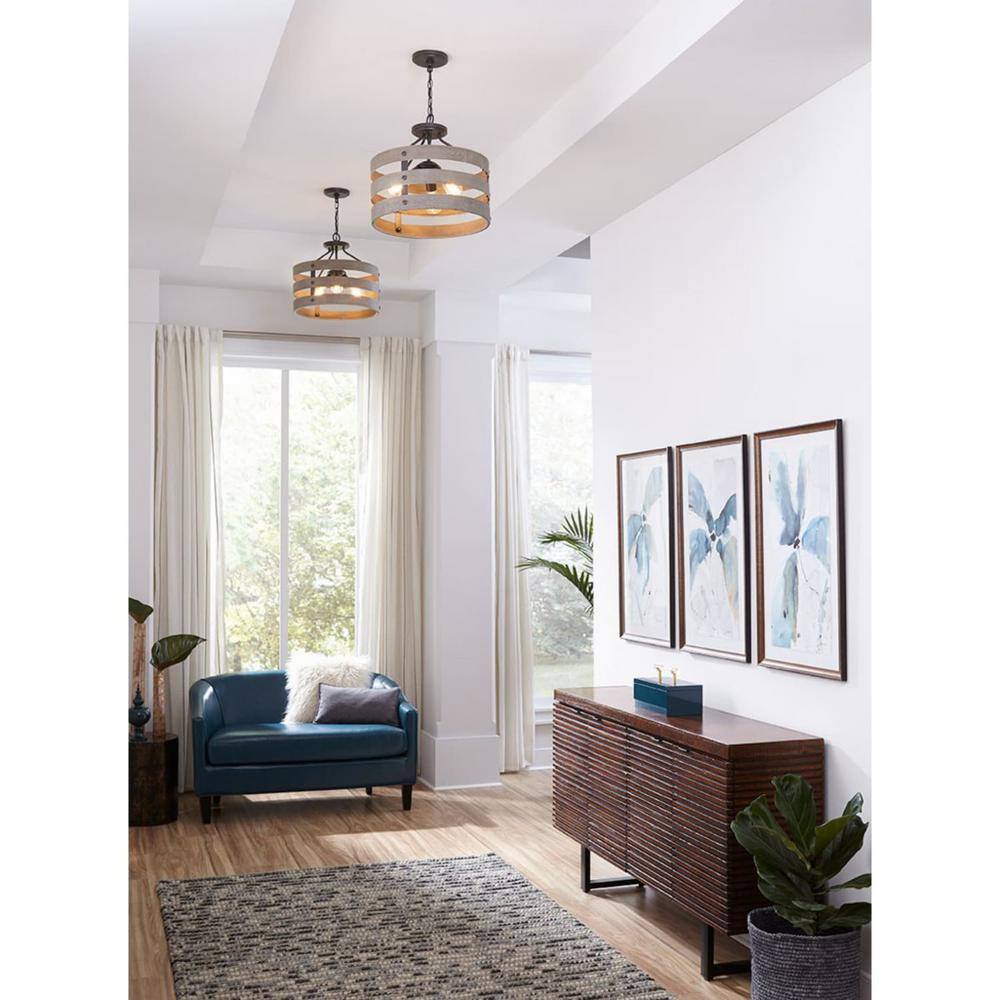 Gulliver Graphite & Wood-Grain 17" Drum Semi-Flush Ceiling Light