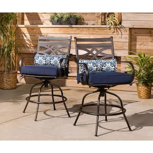 Montclair 3-Piece Metal Outdoor Bar Height Dining Set with Navy Blue Cushions, Swivel Rockers and Table