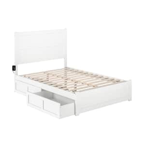 NoHo White Full Solid Wood Storage Platform Bed with Footboard and 2 Drawers