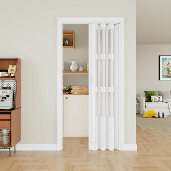 38 in. x 80 in. White Dual Layer 3 Lite Frosted Acrylic and Vinyl Accordion Door with Hardware