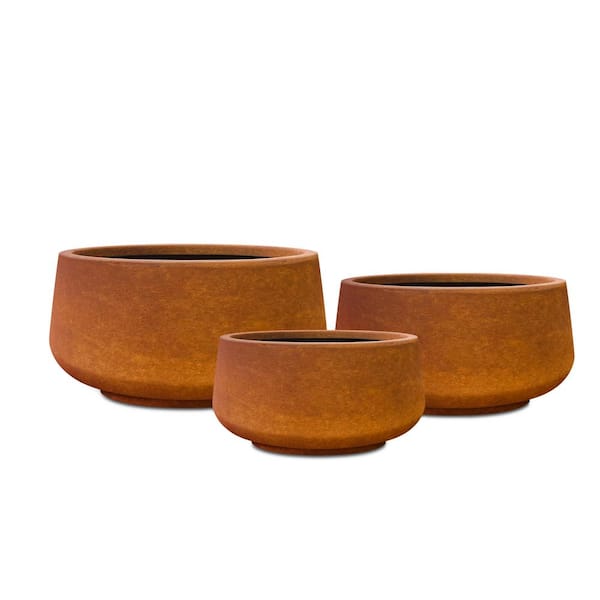 Photo 1 of 21.6, 16.9 and 12.5 in. W Round Iron Oxide Concrete Elegant Planters (Set of 3), Outdoor Indoor Modern Planter