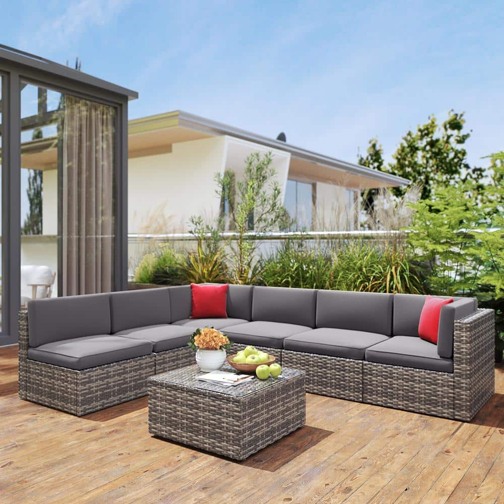 Sizzim Gray 7-Piece Wicker Rattan Outdoor Sectional Set with Gray ...