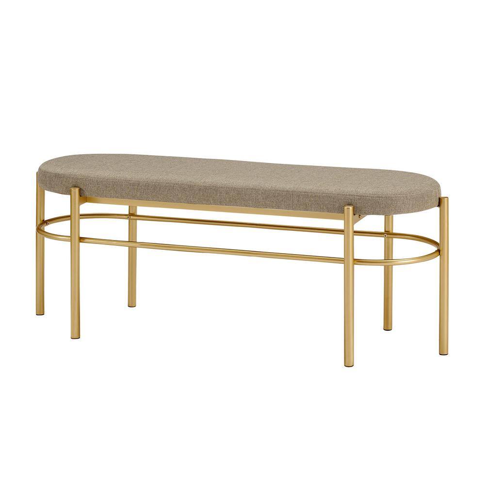 Taupe Upholstered Oval Entry Bench with Gold Frame, 48 Inch