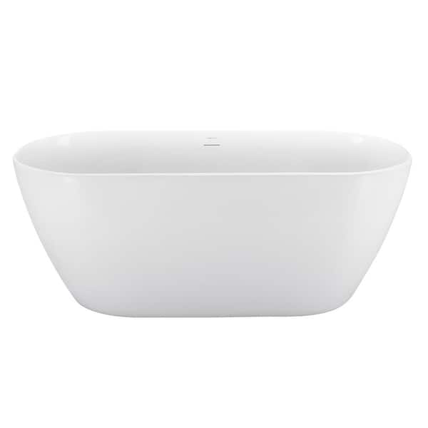 Mokleba 59 in. Acrylic Freestanding Bathtub Flatbottom Soaking Tub Bathtub Soaker Tub with Polished Chrome Drain in White