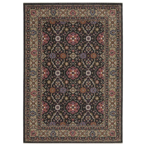 8 ft. x 11 ft. Charcoal And Pink Oriental Area Rug With Fringe