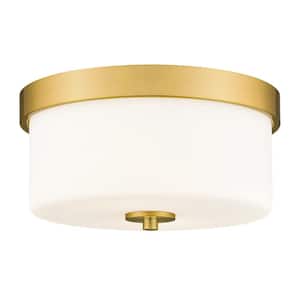 11 in.2-Light Brushed Gold Flush Mount Ceiling Light Fixture with Milk Glass Shades for Hallway