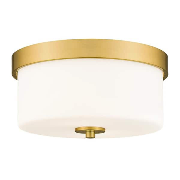 JAZAVA 11 in.2-Light Brushed Gold Flush Mount Ceiling Light Fixture with Milk Glass Shades for Hallway