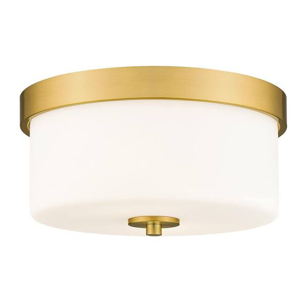 JAZAVA 11 in.2-Light Brushed Gold Flush Mount Ceiling Light Fixture with Milk Glass Shades for Hallway
