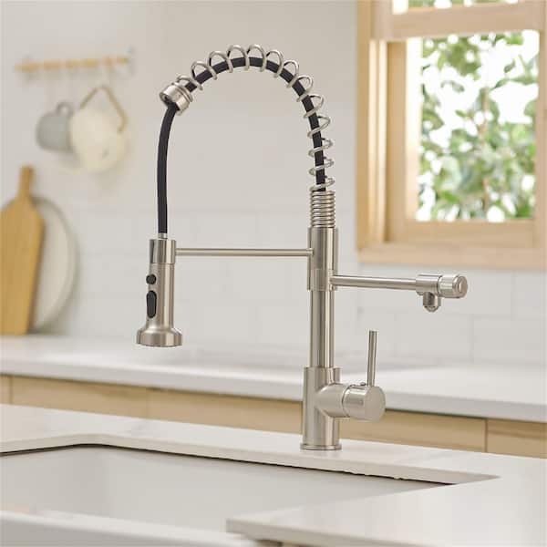 Double Handle Pull Down Kitchen Sink Faucet With Sprayer Single Hole  Commercial Spring Modern Tap in Brushed Nickel