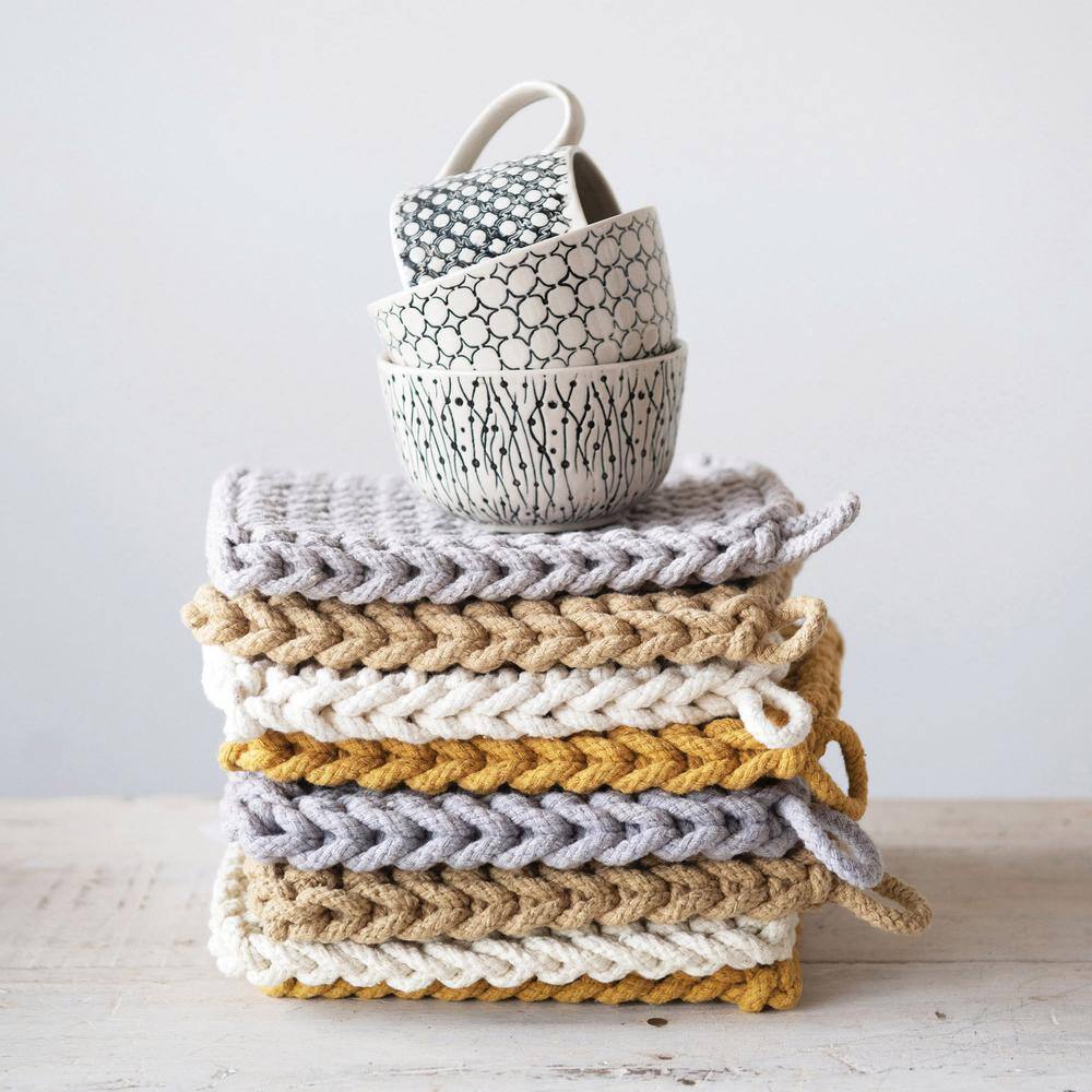 Handmade Cotton Crocheted Square Potholder Set, Multicolor