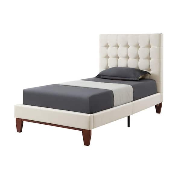 Telford Beige Twin Size Platform Bed Upholstered Tufted Linen