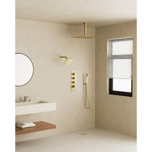 Thermostatic Valve 7-Spray 16 in. and 6 in. Dual Ceiling Mount Shower Head and Handheld Shower in Brushed Gold