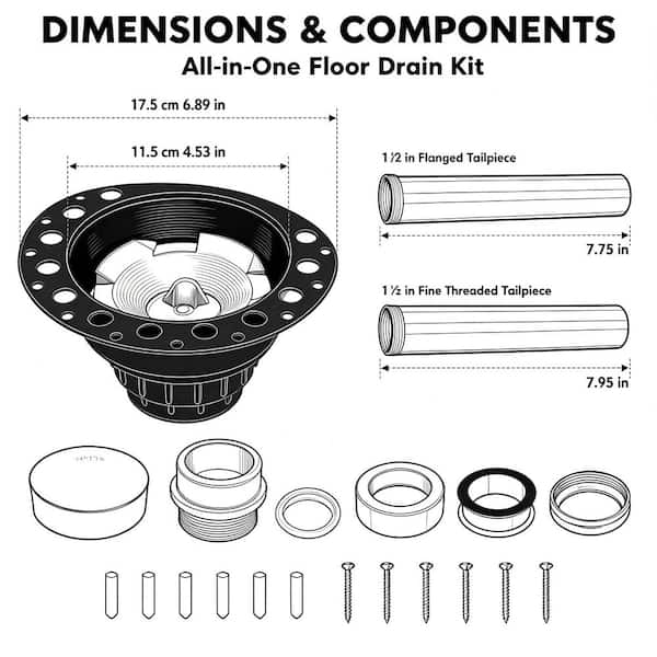 1-Piece Freestanding Tub Drain Rough in Kit in Black, PVC Adapter, Brass Tail Pipes Included, Bathtub Drain Accessory