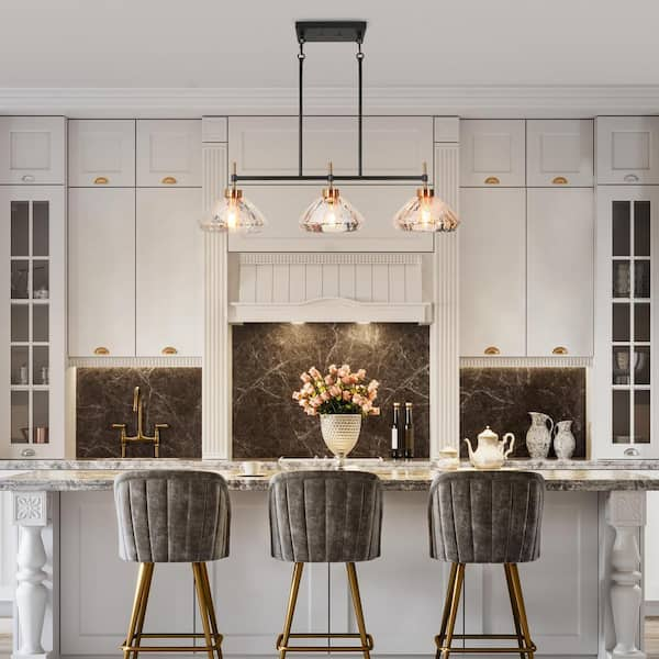 Modern 37.5 in. 3-Light Black and Plated Brass Large Kitchen Island Chandelier with Textured Glass Shades Linear Pendant