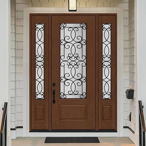 Regency 68 in. x 96 in. 3/4Lite Georgian Decorative Glass RHIS Chestnut Mahogany Fiberglass Prehung Front Door DB 14 in.