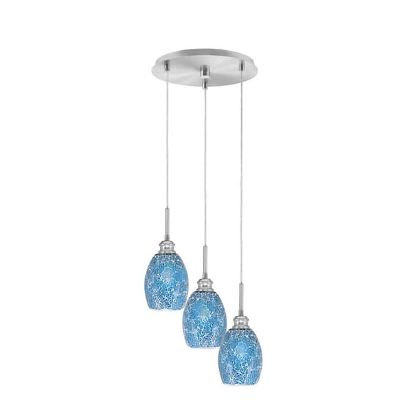 Unbranded Albany 60-Watt 13.5 in. 3-Light Brushed Nickel Cord Pendant Light Turquoise Fusion Glass Shade