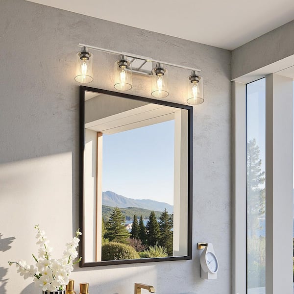32 in. Industrial 4-Light Nickel Farmhouse Vanity Light with Glass Shades for Bathroom