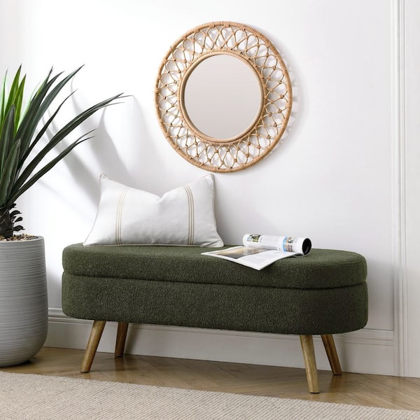 Green 43.5 in. Oval Bedroom Bench Linen Fabric Upholstered Storage Ottoman Bench with Solid Wood Legs Entryway Bench