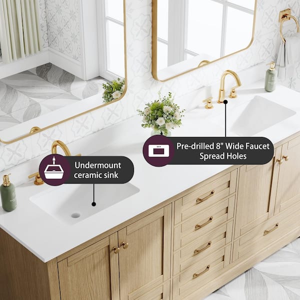 80 in. Freestanding Solid Wood Oak Bath Vanity with White Cultured Marble Top Assembled, Soft-close Door and Drawer