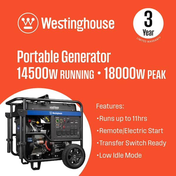 18,000/14,500-Watt Gas Powered Portable Generator with Remote Electric Start, Low THD, and 50 Amp Outlet
