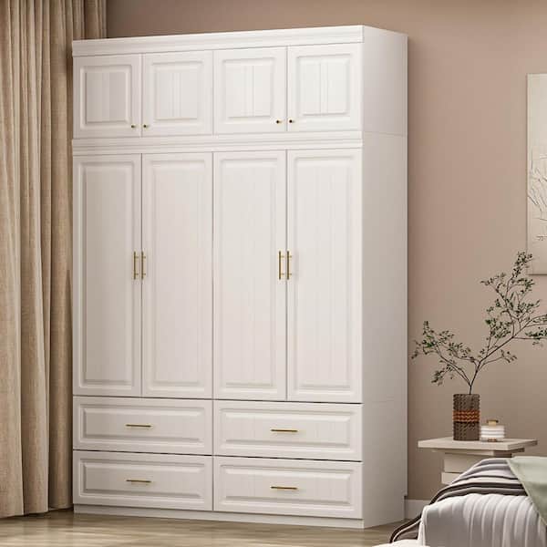 FUFU&GAGA White 8-Door Big Wardrobe Armoires with Hanging Rod, 4-Drawers, Storage Shelves 93.9 in. H x 63 in. W x 20.6 in. D
