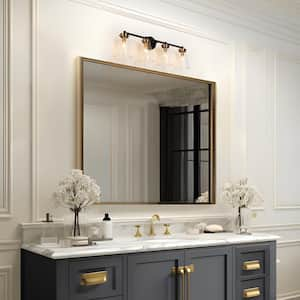 Modern 30 in. 4-Light Black and Brass Gold Bathroom Vanity Light with Classic Bell Clear Glass Shades, LED Compatible