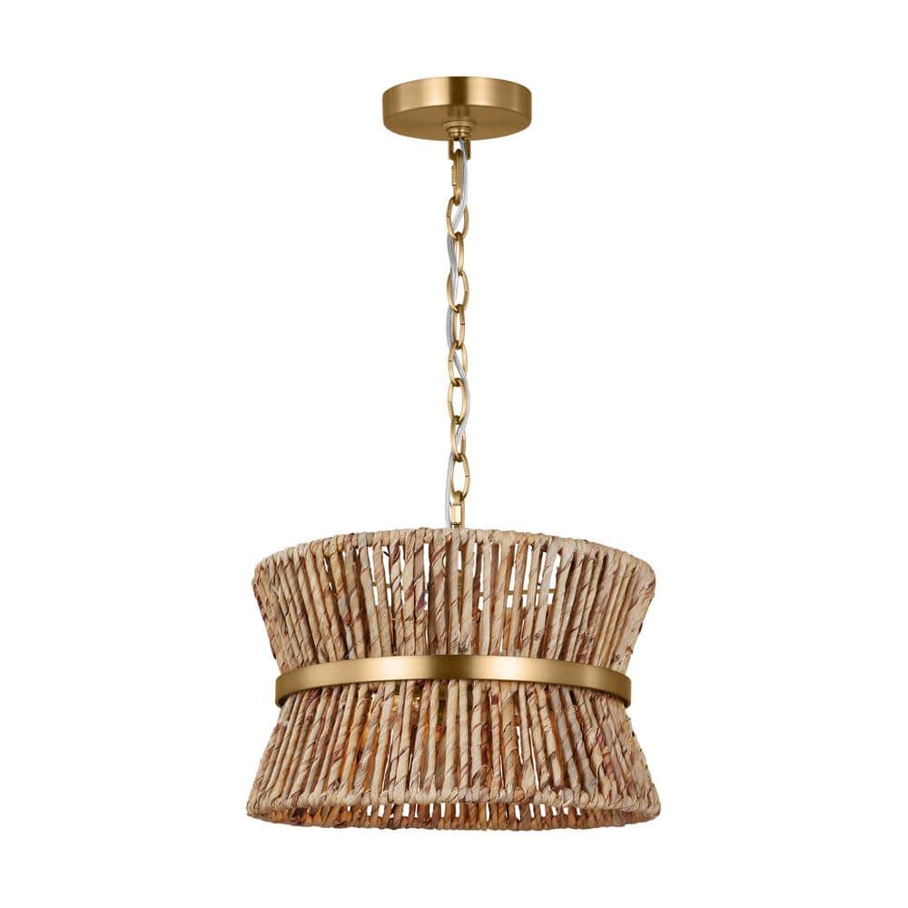 Satin Brass and Paper Rope Drum Pendant Light
