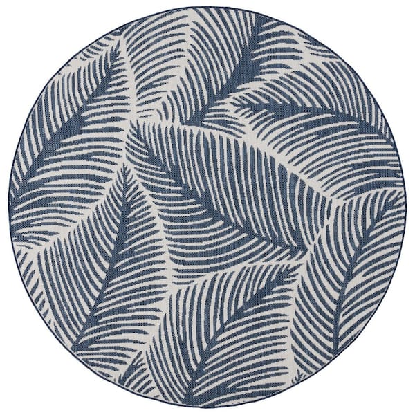 Beach House Navy/Ivory 7 ft. x 7 ft. Botanical Leaf Indoor/Outdoor Round Area Rug