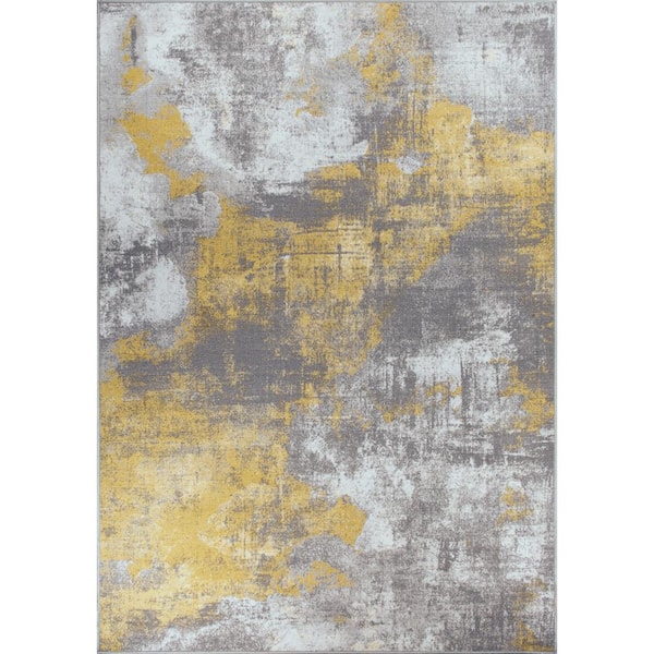 World Rug Gallery Contemporary Distressed Yellow 7 ft. 10 in. x 10 ft. Abstract Non Slip Area Rug