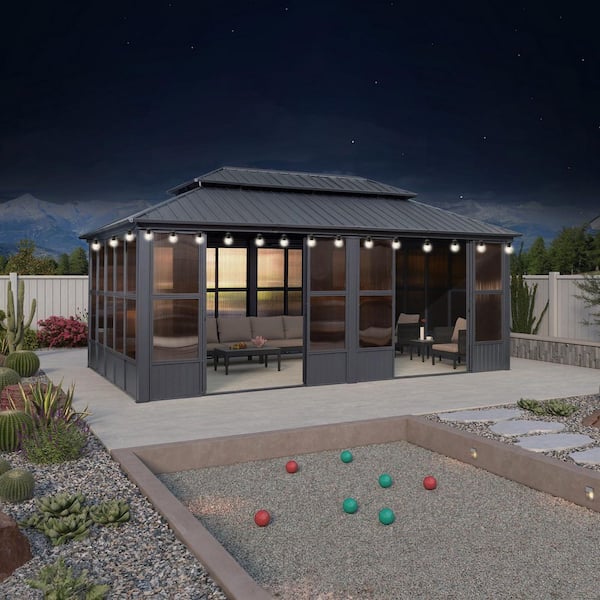 12ft. x 20ft. Patio Hardtop Gazebo Double Top PC Mesh Screen House Aluminum Solarium Backyard Sunroom, 24 Lights, Gray