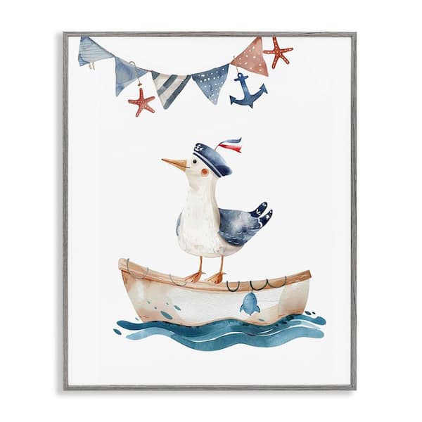 Stupell Industries Cute Sailor Seagull by LSR Design Studio Gray Framed Animal Giclee Art Print 14 in. x 11 in.
