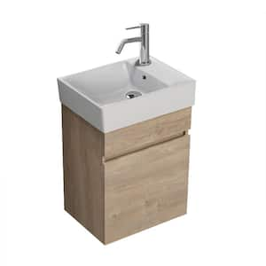 Mini 15.7 in. W x 11.8 in. D x 22.8 in. H Modern Wall Mounted Bathroom Vanity in Brown Oak with White Ceramic Top