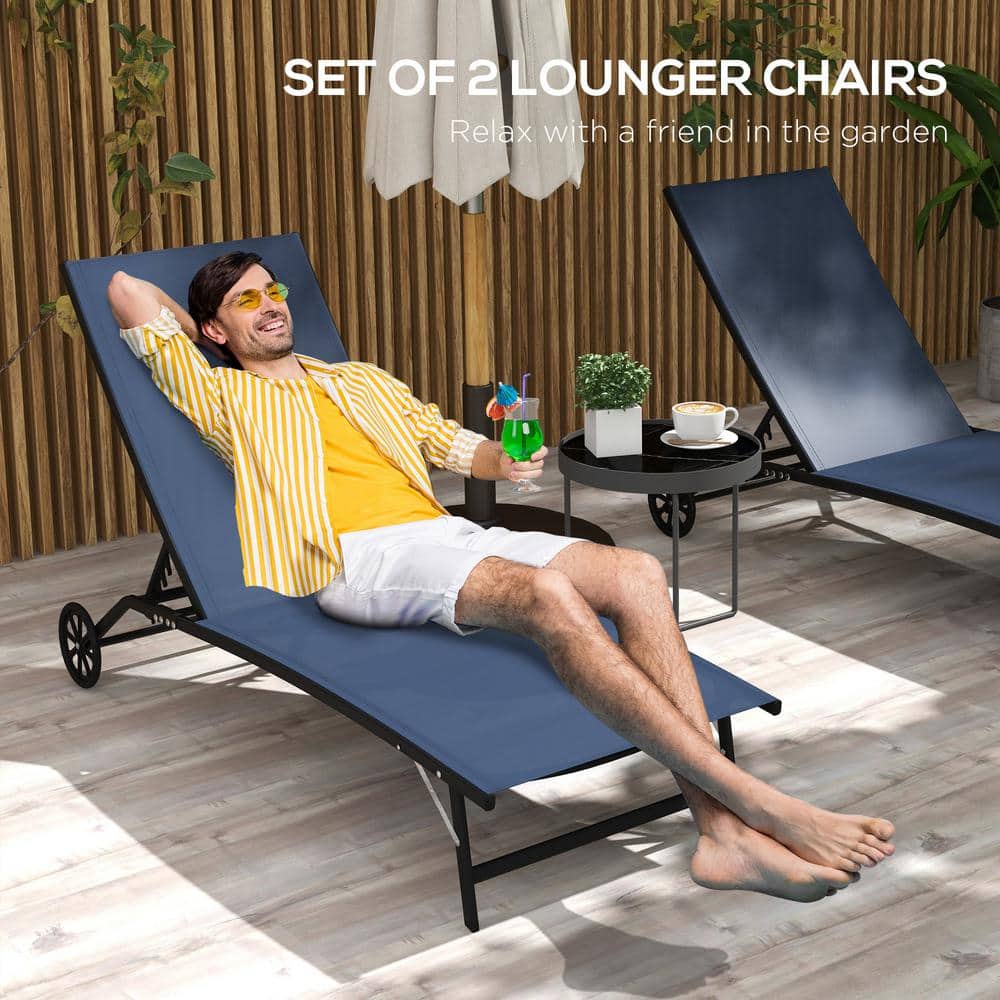 Dark Blue Adjustable Outdoor Chaise Lounge Chairs with Wheels
