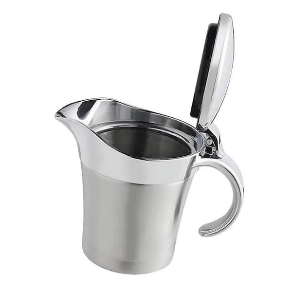 16 oz. Silver Double Insulated Stainless Steel Gravy Boat, Stainless Steel Sauce Jug with Hinged Lid, Anti-Drip Spout