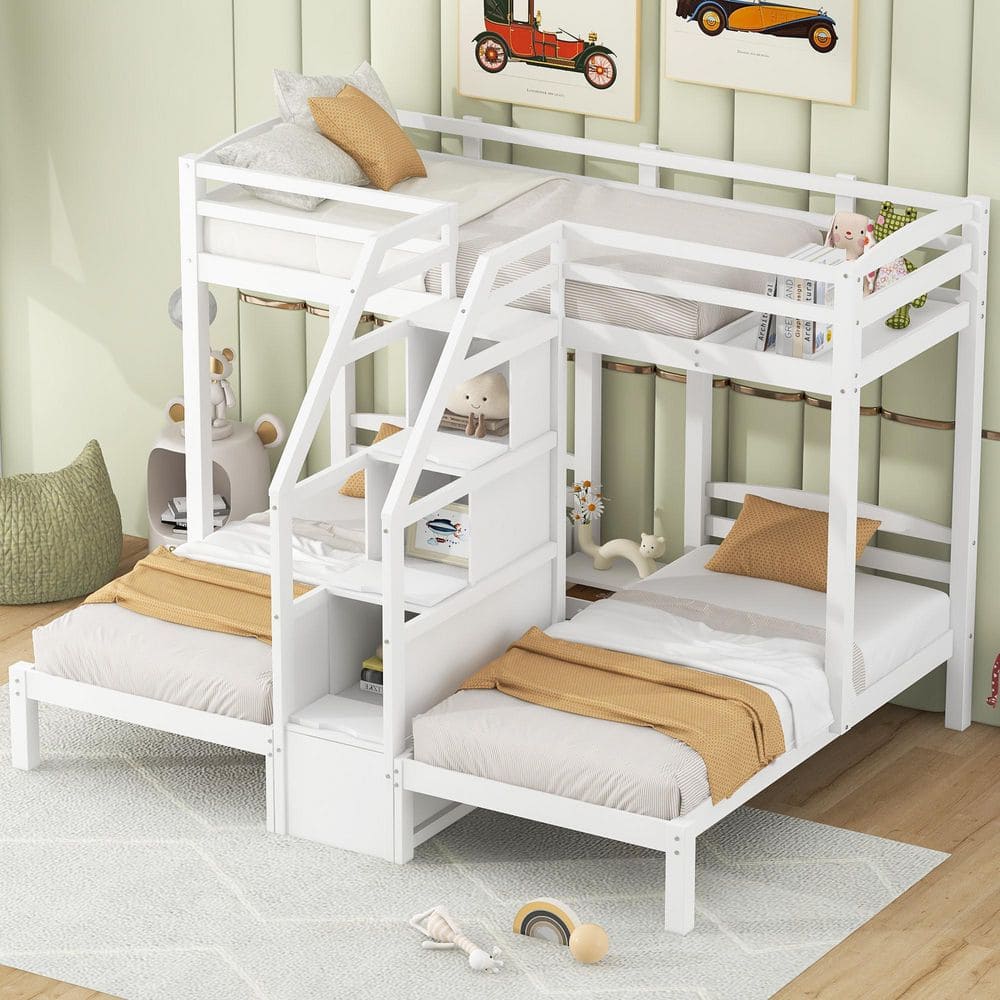 White Twin over Twin & Twin Bunk Bed with Built-in Storage Staircase, Down Bedside Drawer, Storage Board for Top Bed price history on PriceWatchPro