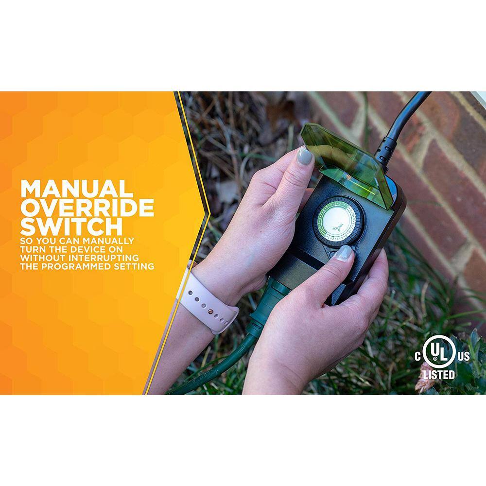 Black Outdoor Mechanical Timer with 2 Grounded Outlets