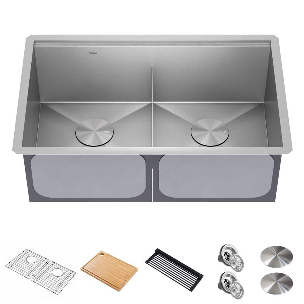 Kraus KWU12045 45 Inch Kore™ 2-Tier Workstation Kitchen Sink with 10-Piece  Chef's Kit, 16 Gauge Steel, Undermount Installation, Rear Off-Set Drain  Opening, and Rust Resistant Finish