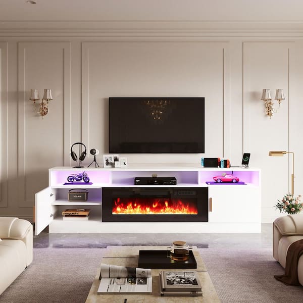 IgnisLux 70 in. Freestanding High-Gloss White MDF Electric Fireplace TV Stand with 36 in. Insert and USB Power Outlet