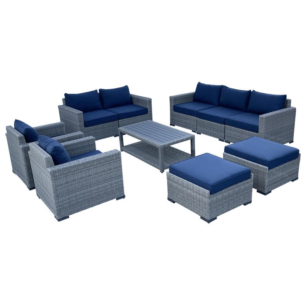 Urban Oasis 10-Piece Wicker Rattan Outdoor Sectional Set with Blue Cushions