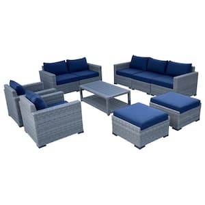 Urban Oasis 10-Piece Wicker Rattan Outdoor Sectional Set with Blue Cushions and Coffee Table