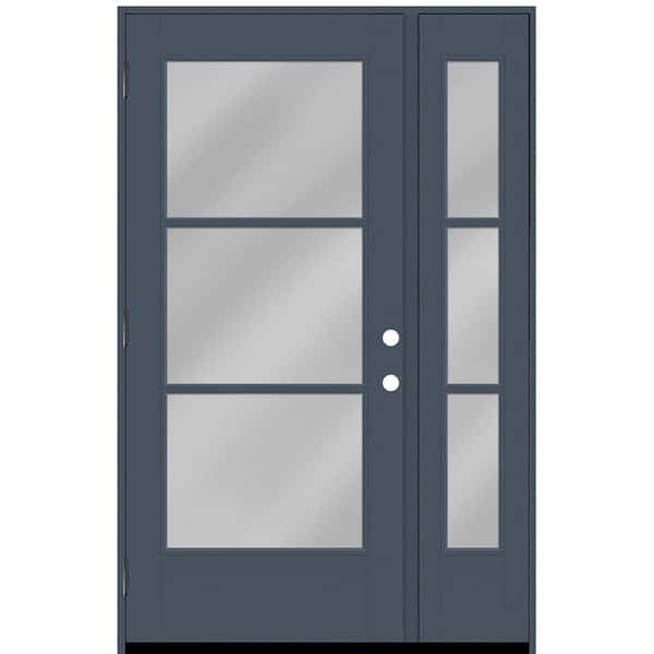 Steves & Sons Legacy 53 in. x 80 in. Icon 3 Lite Modern Clear Glass RHOS Dark Denim Mahogany Fiberglass Prehung Front Door 14 in. SL