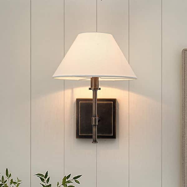 Modern Bronze 12 in.Tall 1 Light Fabric Shade Wall Sconces Farmhouse White Linen Tapered Shade Sconce, Bathroom Hallway