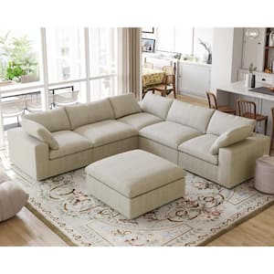 120.46 in. Square Arm 6-Piece Fabric Seperable L-Shape Sectional Sofa with Ottoman in Khaki