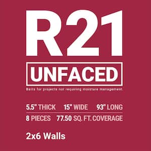 R-21 Unfaced Fiberglass Insulation Batt 15 in. x 93 in. (10-Bags)