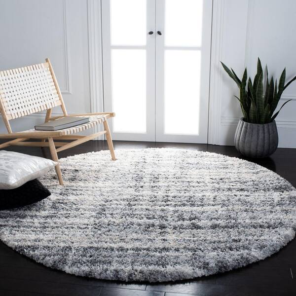 Fontana Shag 5 ft. x 5 ft. Gray/Ivory Striped Gradient Abstract Round Area Rug