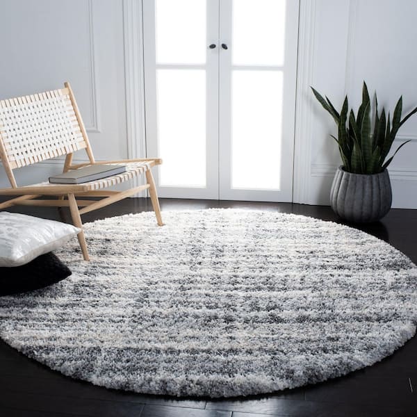 Fontana Shag 8 ft. x 8 ft. Gray/Ivory Striped Gradient Abstract Round Area Rug
